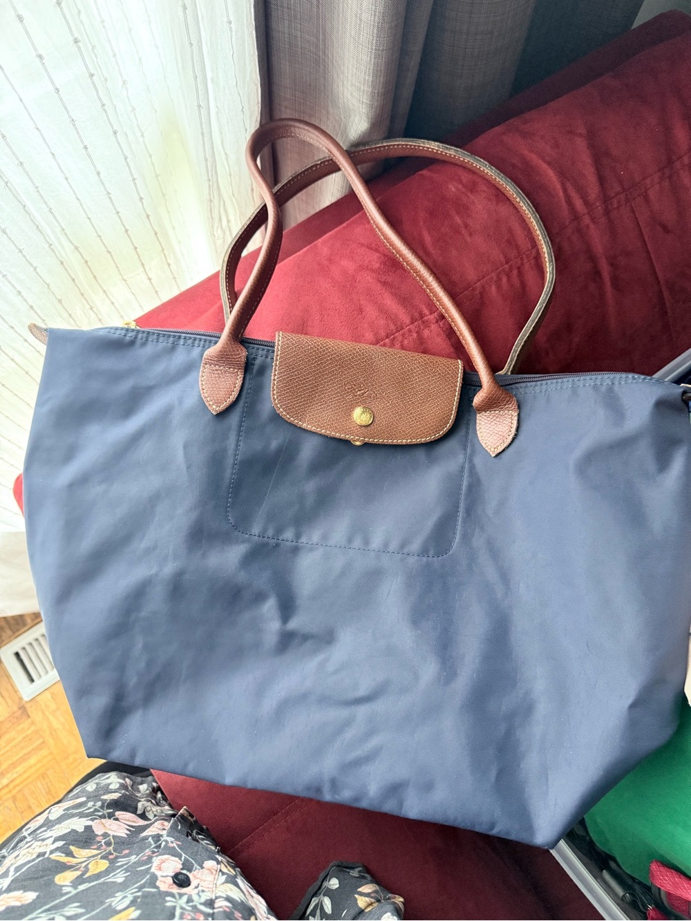 Longchamp Navy Tote with Brown Leather Trim